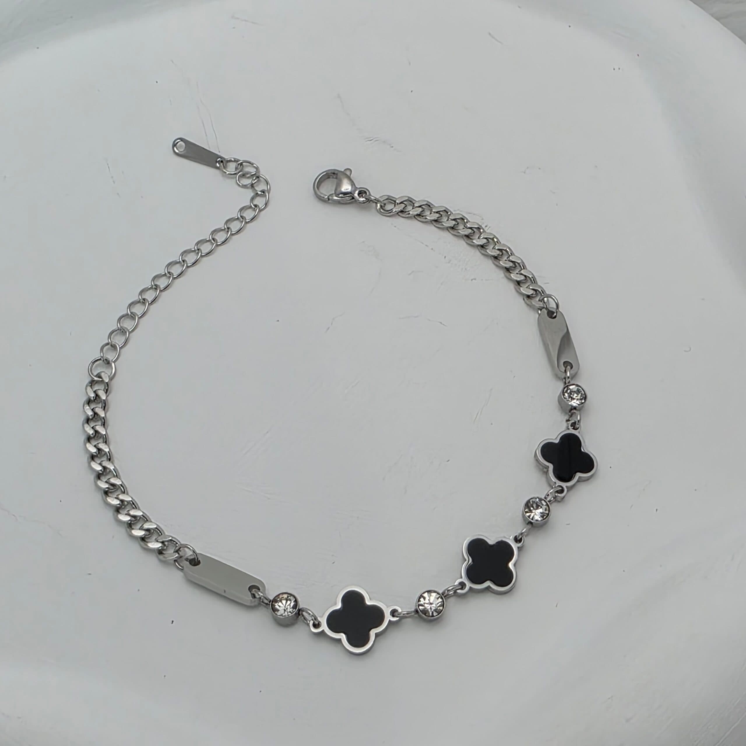 Pulseira Trevo Preto com Zircônias em Aço Inoxidável 316L - PRATA