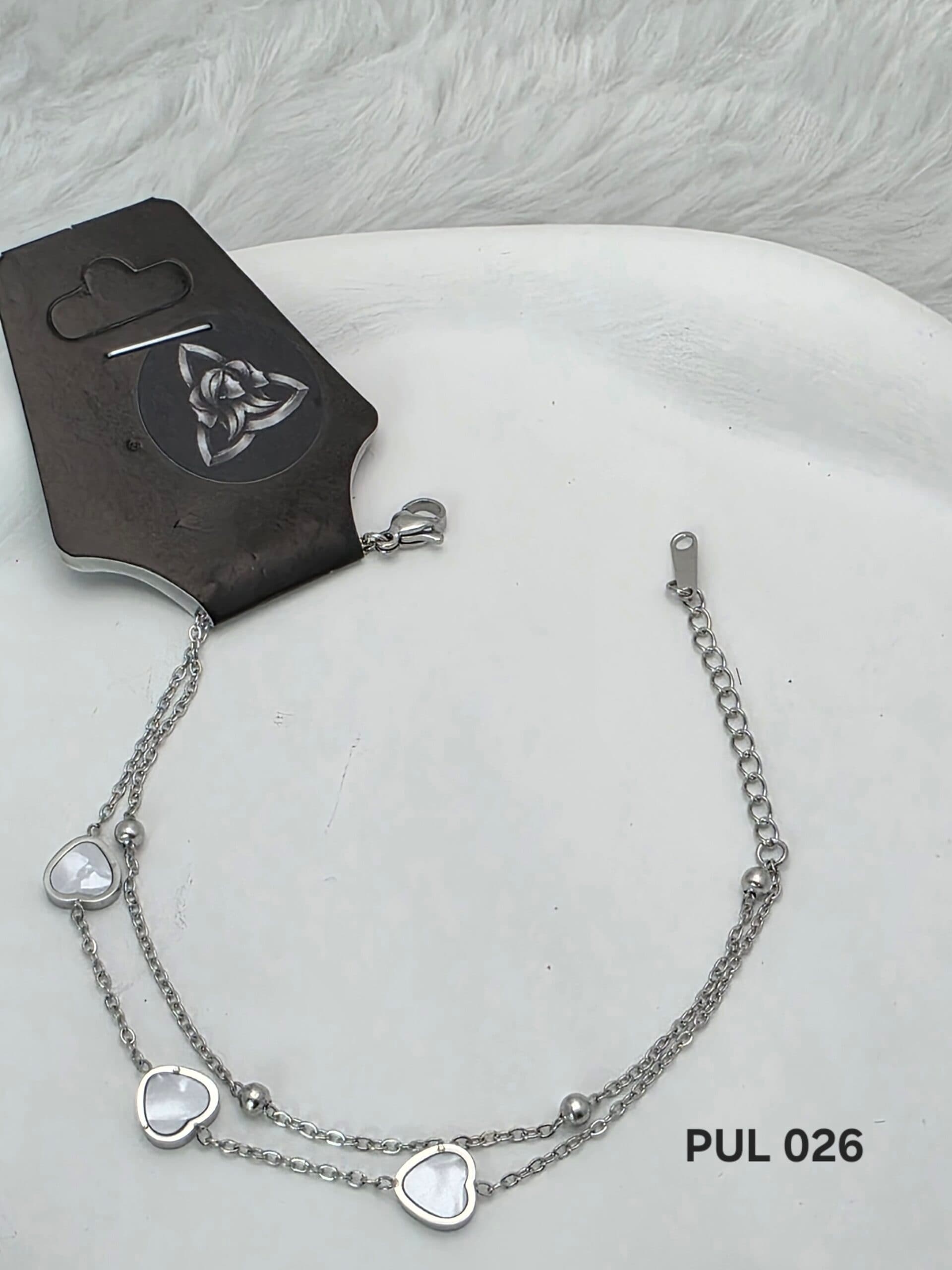 Pulseira Dupla com Corações em Madrepérola em Aço Inoxidável 316L - Prata
