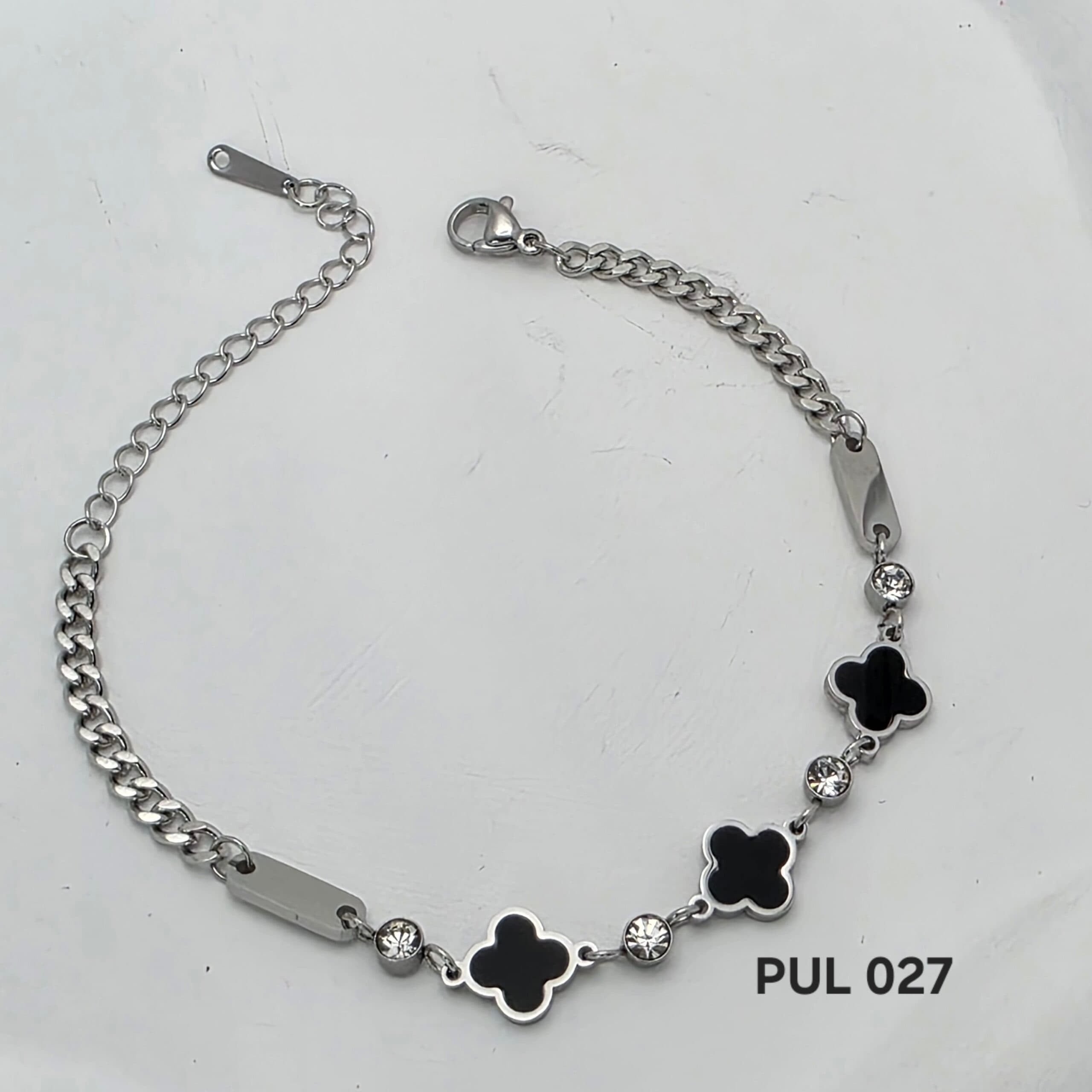 Pulseira Trevo Preto com Zircônias em Aço Inoxidável 316L - PRATA