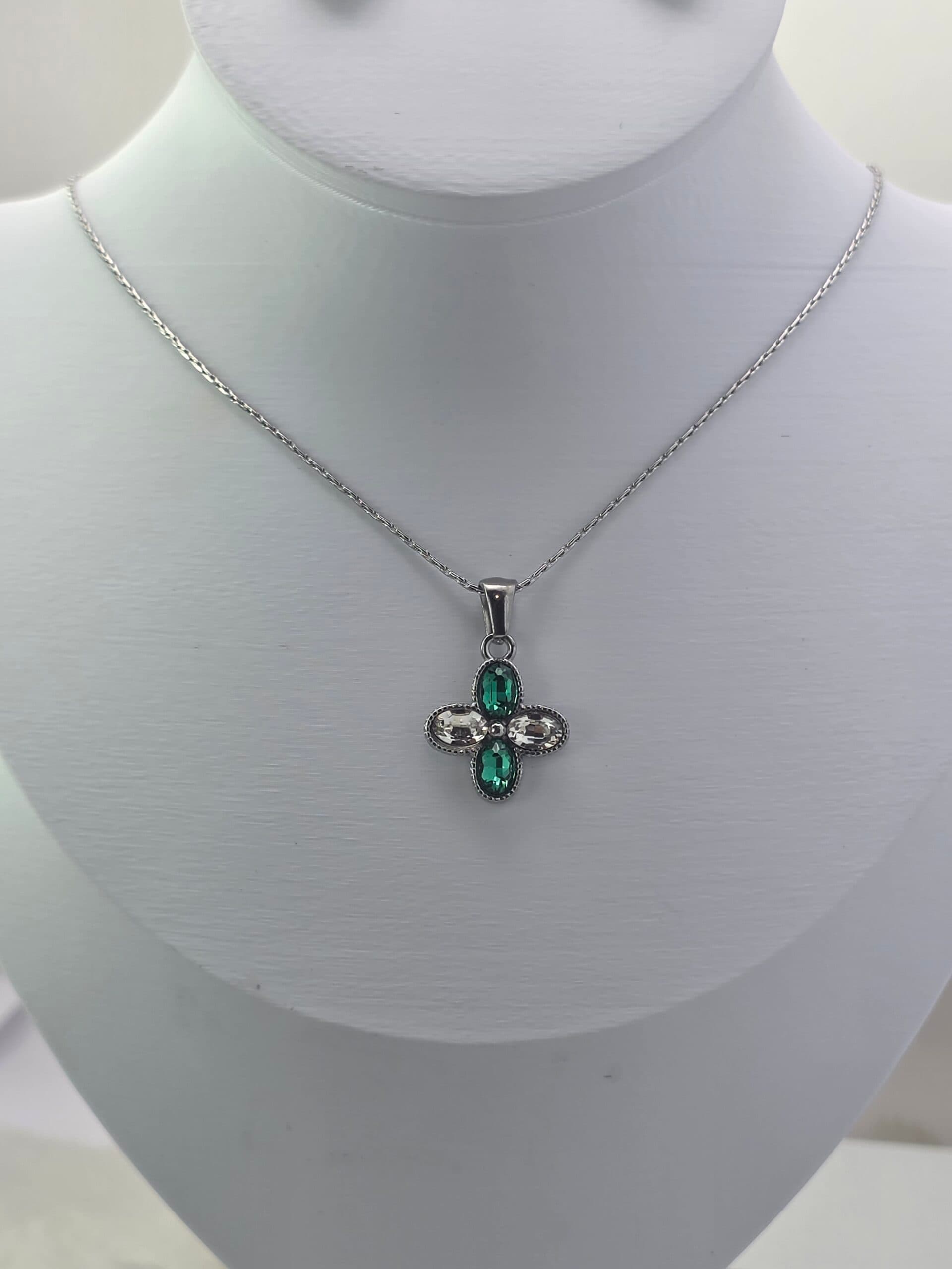 Colar Flor Verde e Cristal em Aço Inoxidável Prateado | Tríade Aço