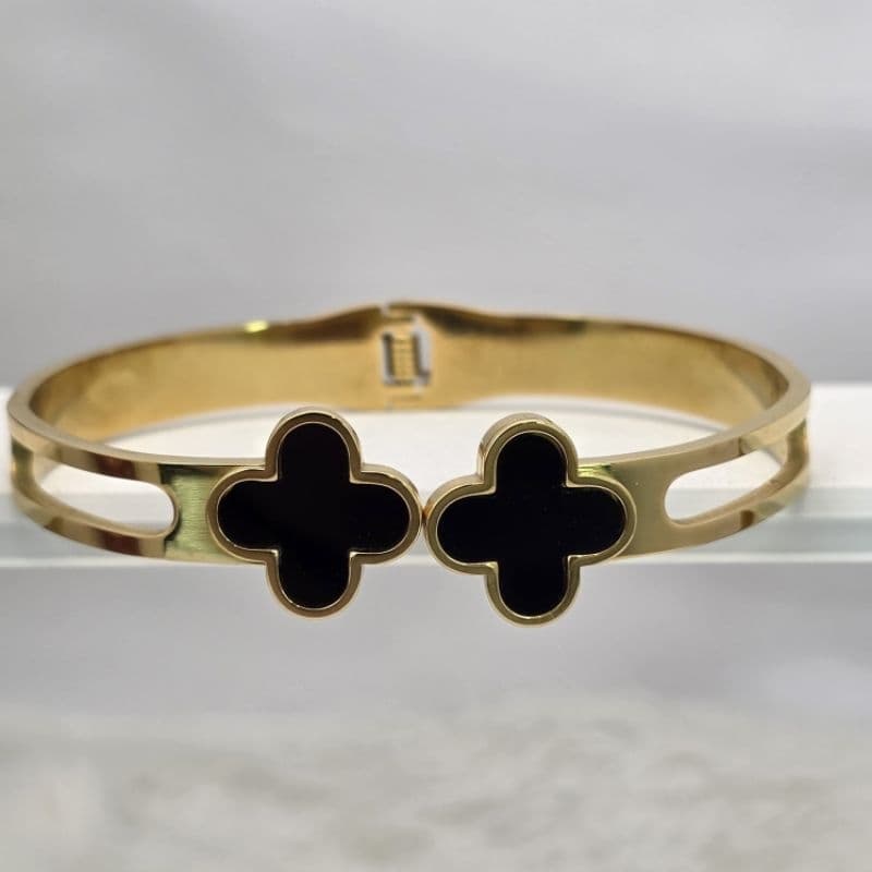 Bracelete Alhambra Trevo Preto | Aço Inox 316L | Banho PVD Dourado
