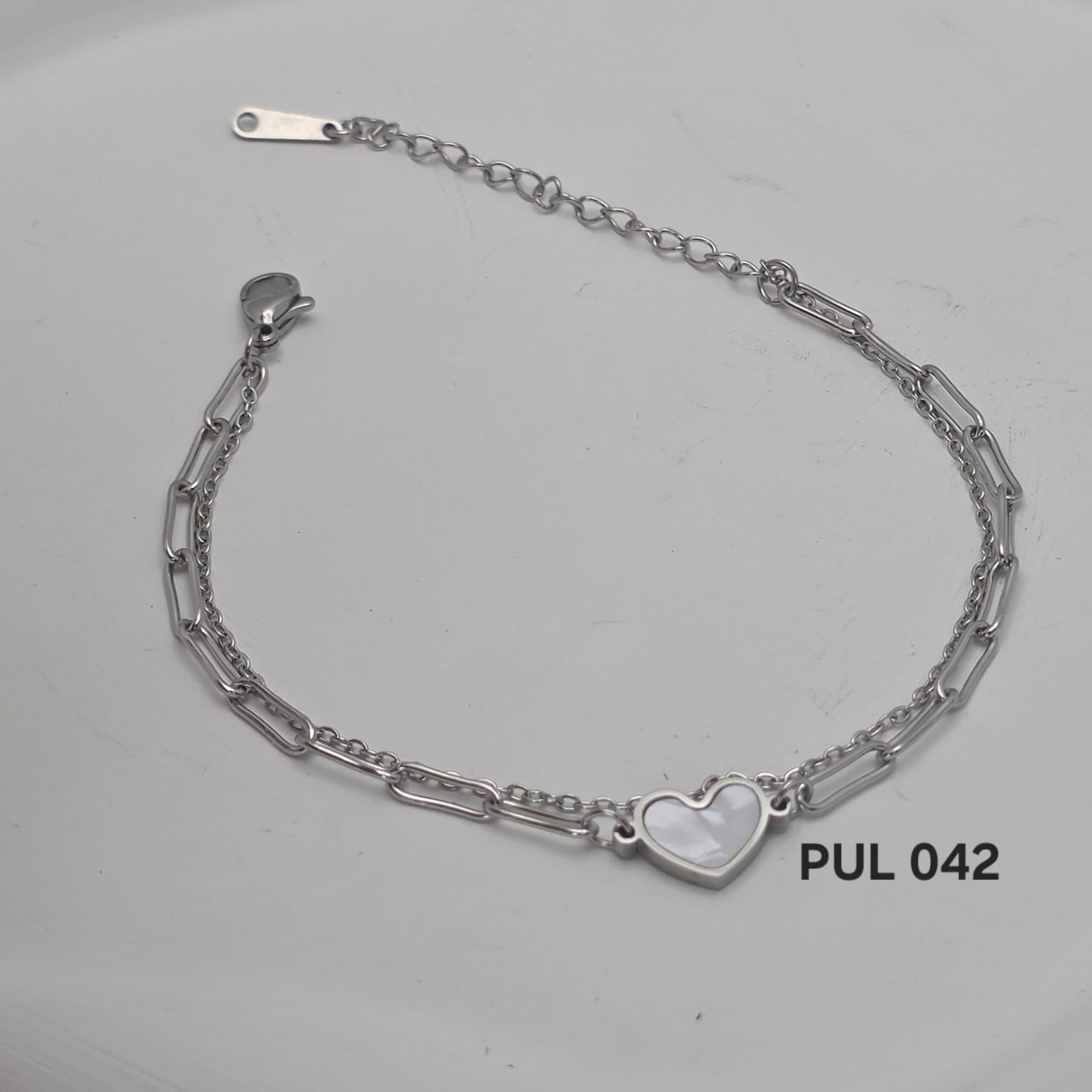 Pulseira Dupla Elo Retangular com Coração Madrepérola em Aço Inoxidável 316L
