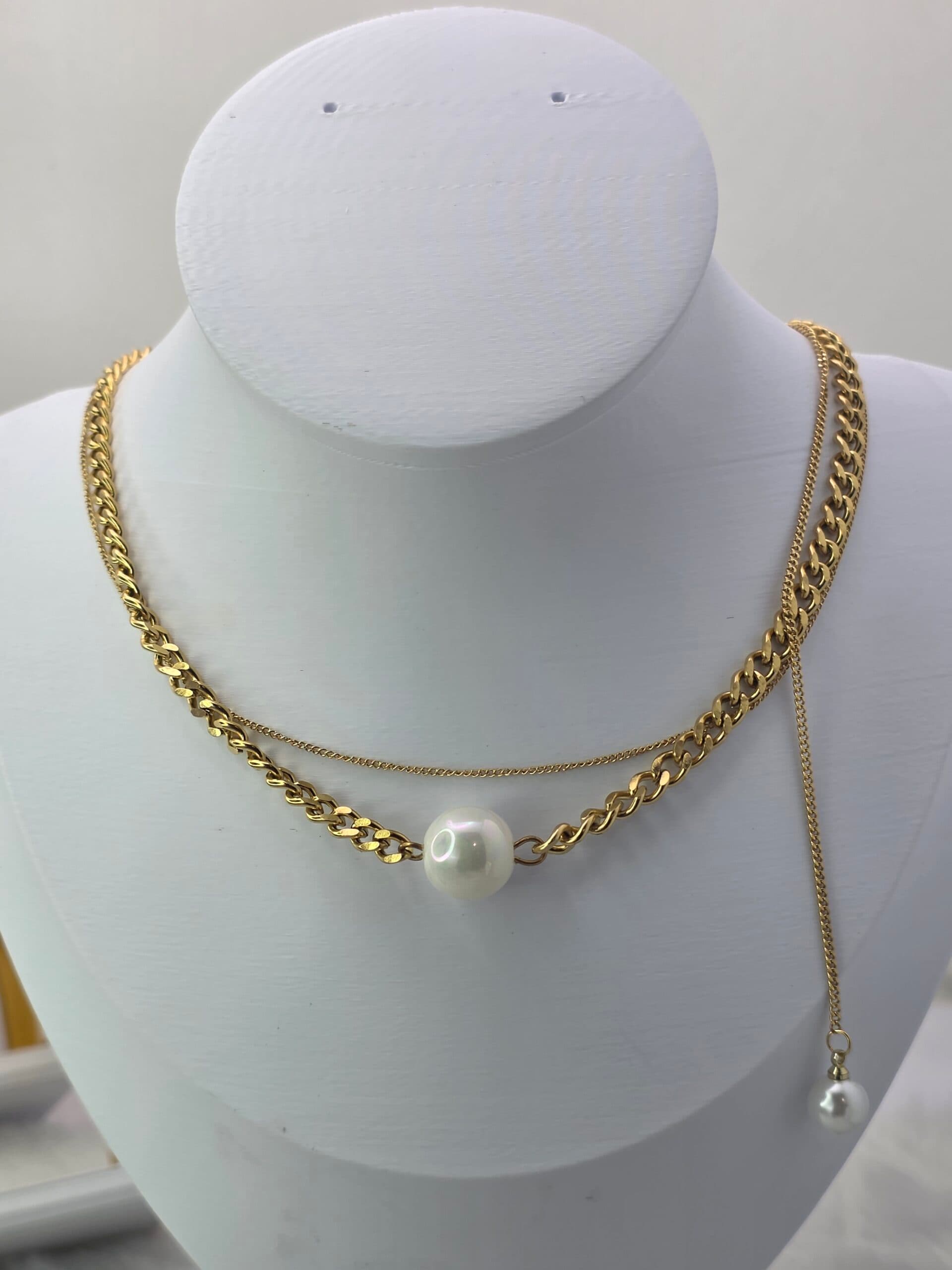 Colar Duplo Dourado com Pérolas em Aço Inoxidável | Tríade Aço